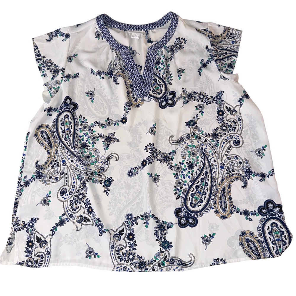 Liz‎ Claiborne Blouse XXL White Blue Paisley Floral Split Neck Cap Sleeve Top